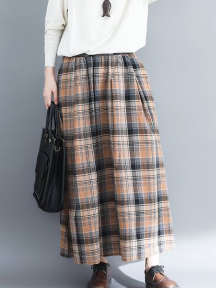 Women-Vintage-Elastic-Waist-Plaid-A-line-Maxi-Skirts-with-Pockets-1356477