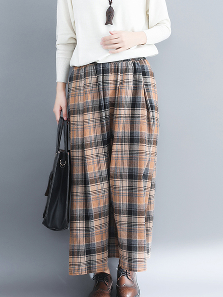 Women-Vintage-Elastic-Waist-Plaid-A-line-Maxi-Skirts-with-Pockets-1356477