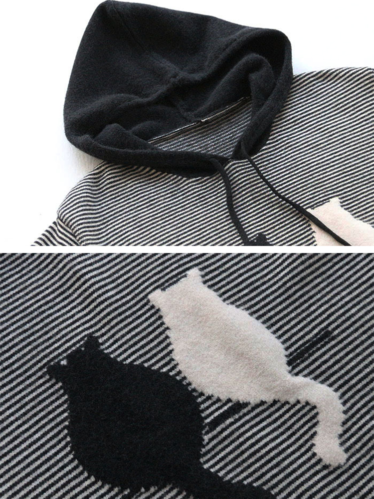 Casual-Women-Cat-Stripe-Hooded-Sweaters-1240674