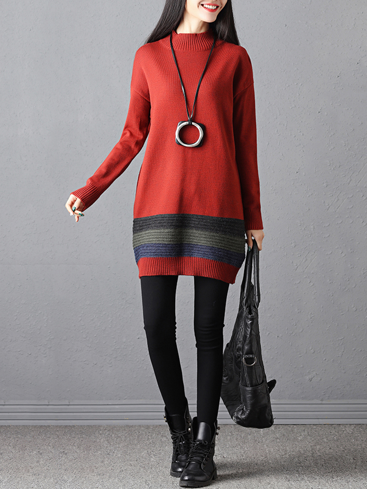 Casual-Women-Stripe-High-Collar-Sweater-1248952