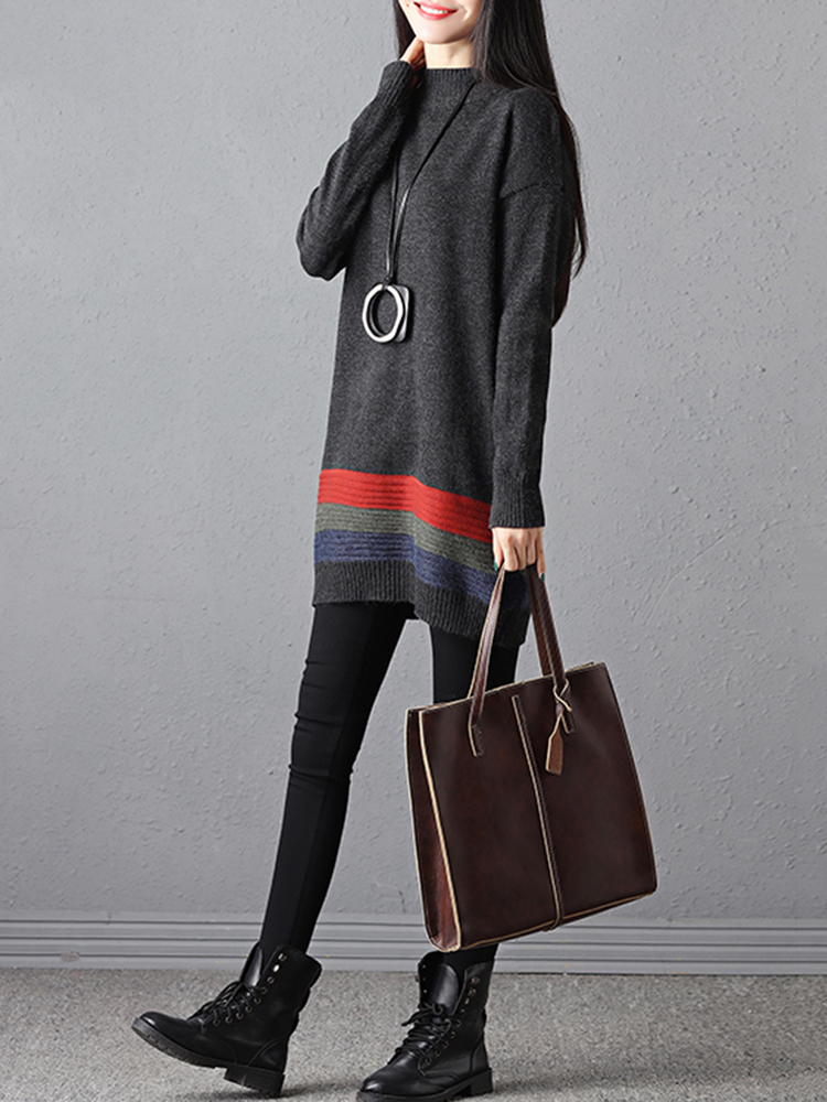 Casual-Women-Stripe-High-Collar-Sweater-1248952