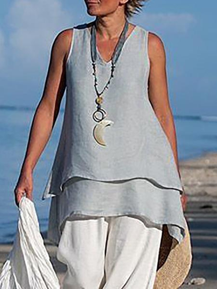 Women-Retro-V-neck-Sleeveless-Layers-Solid-Color-Tank-Tops-1442190