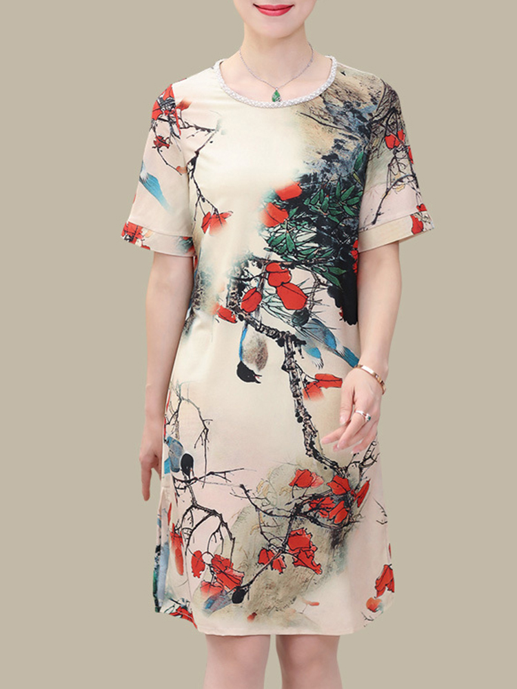 Elegant-Women-O-neck-Artwork-Print-Dress-1290531