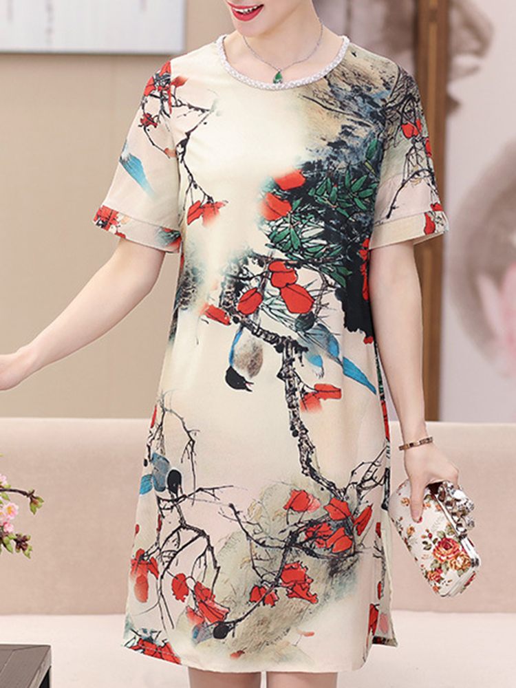 Elegant-Women-O-neck-Artwork-Print-Dress-1290531