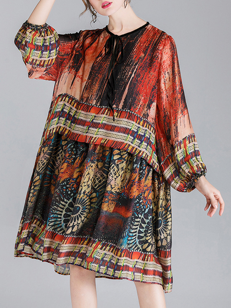 Plus-Size-Elegant-Print-Puff-Sleeve-Loose-Women-Dress-1438461
