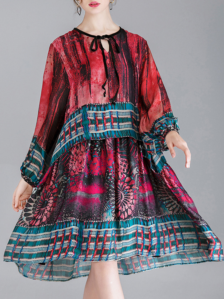 Plus-Size-Elegant-Print-Puff-Sleeve-Loose-Women-Dress-1438461