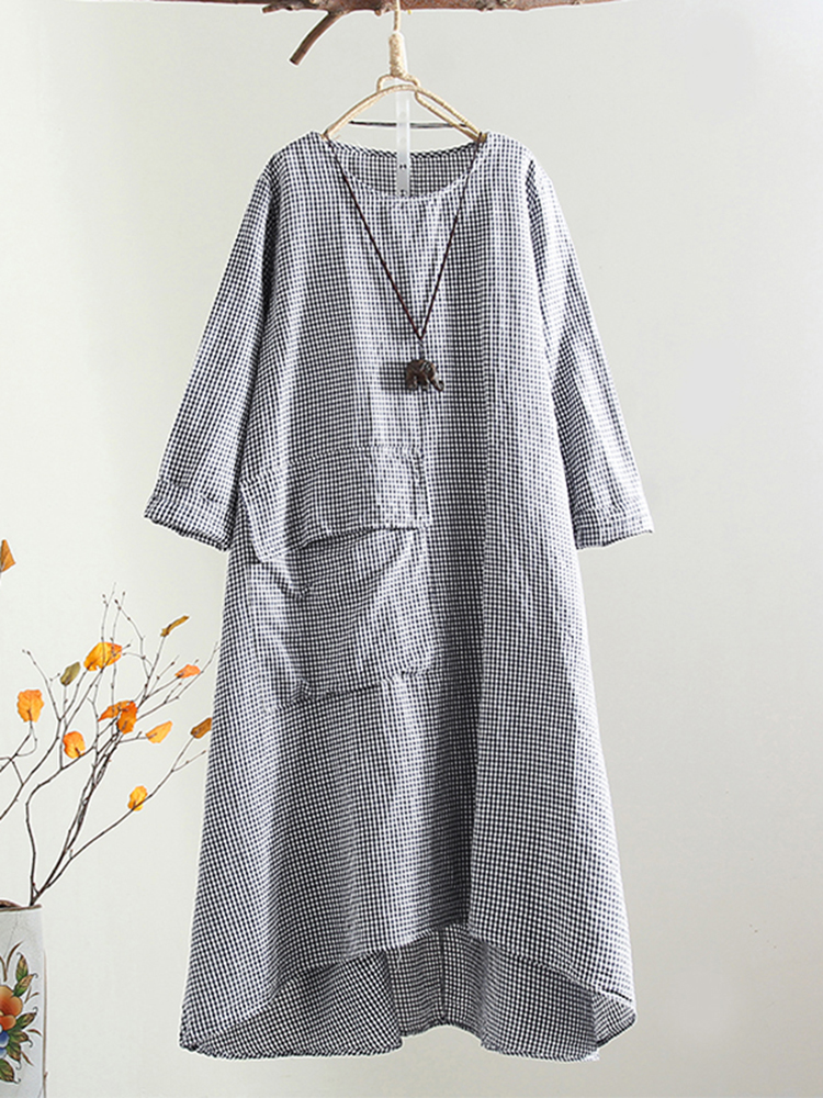 Plus-Size-Plaid-Round-Neck-Front-Pocket-Women-Dress-1421404