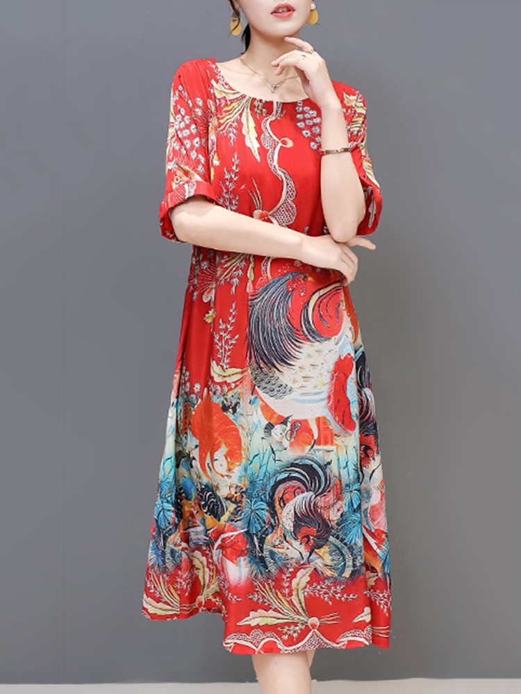 Plus-Size-Silk-A-Line-Short-Sleeve-Chinese-Style--Dress-1285952