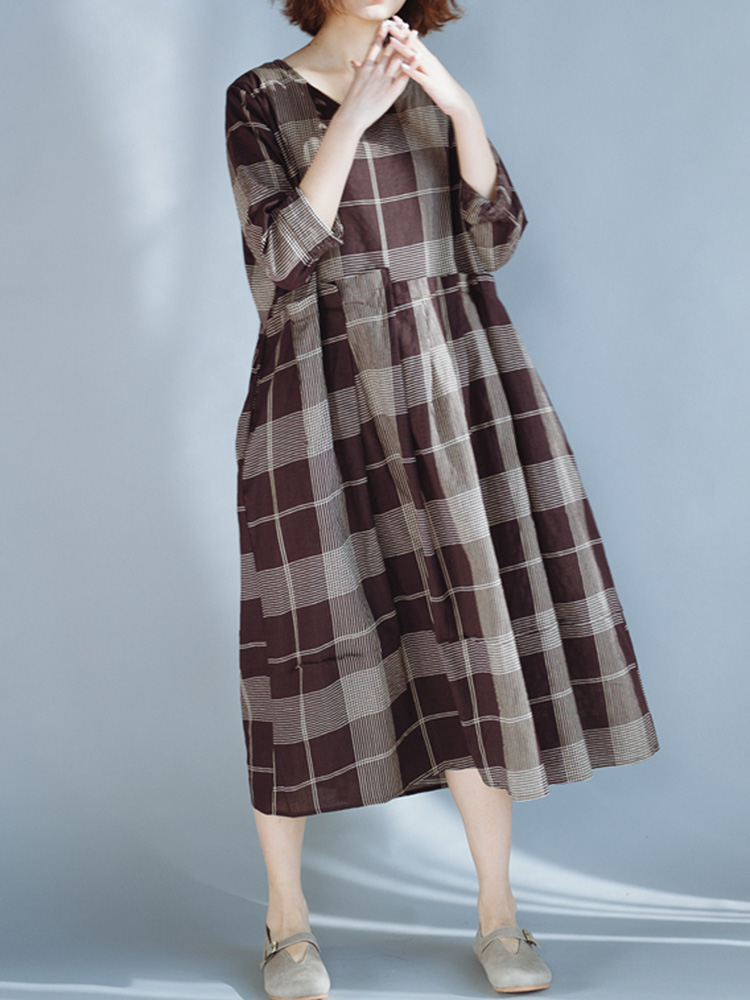 Plus-Size-Vintage-Plaid-Patchwork-O-Neck-Long-Sleeve-Casual-Dress-1337313