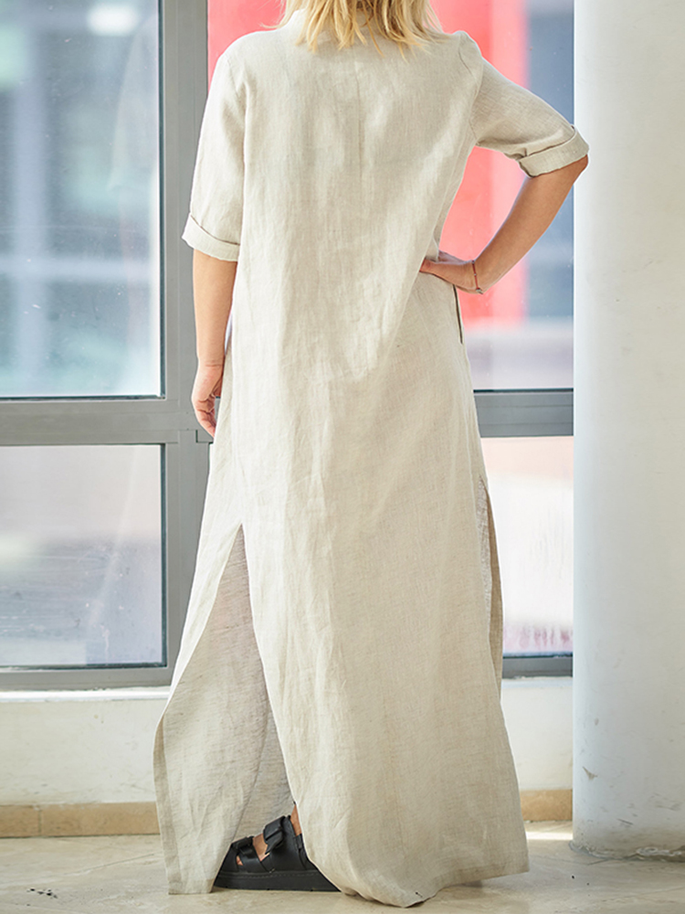 Plus-Size-Women-Brief-V-neck-Side-Split-Cotton-Maxi-Dress-1313164