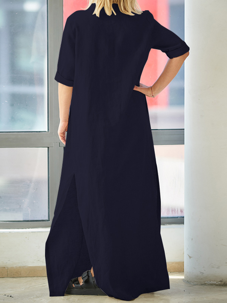 Plus-Size-Women-Brief-V-neck-Side-Split-Cotton-Maxi-Dress-1313164
