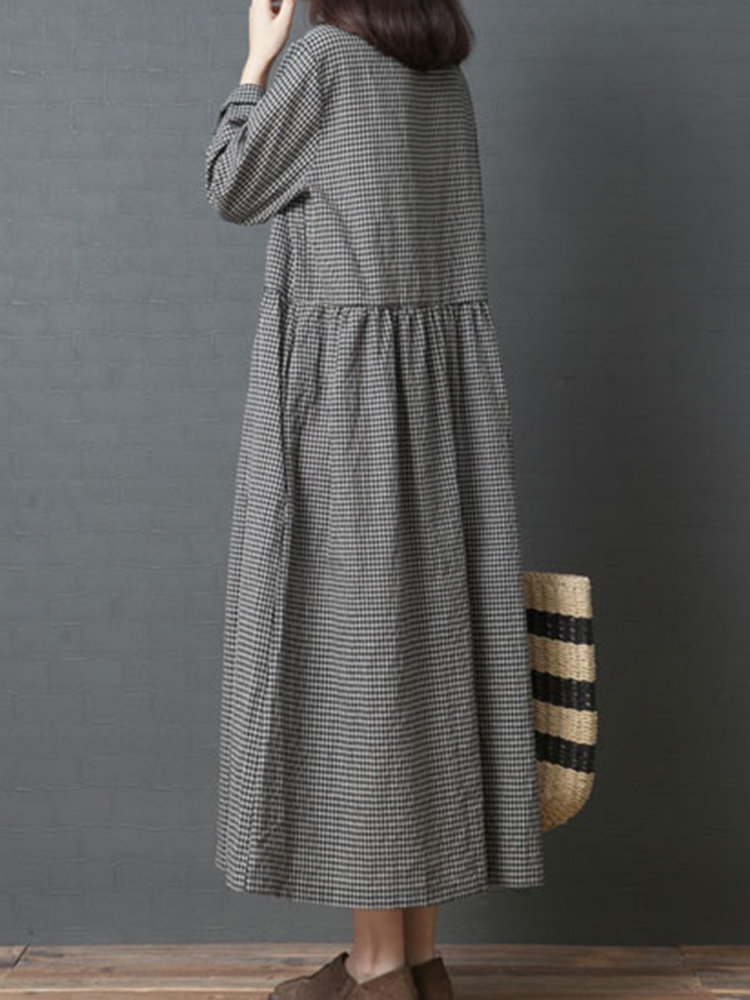 Vintage-Black-Plaid-Pleated-Hem-Long-Sleeve-Loose-Dress-1345279