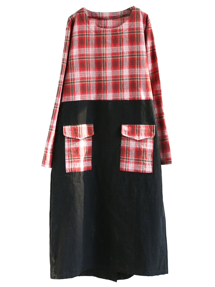 Vintage-Women-Plaid-Patchwork-Pocket-Batwing-Sleeve-Dress-1252317