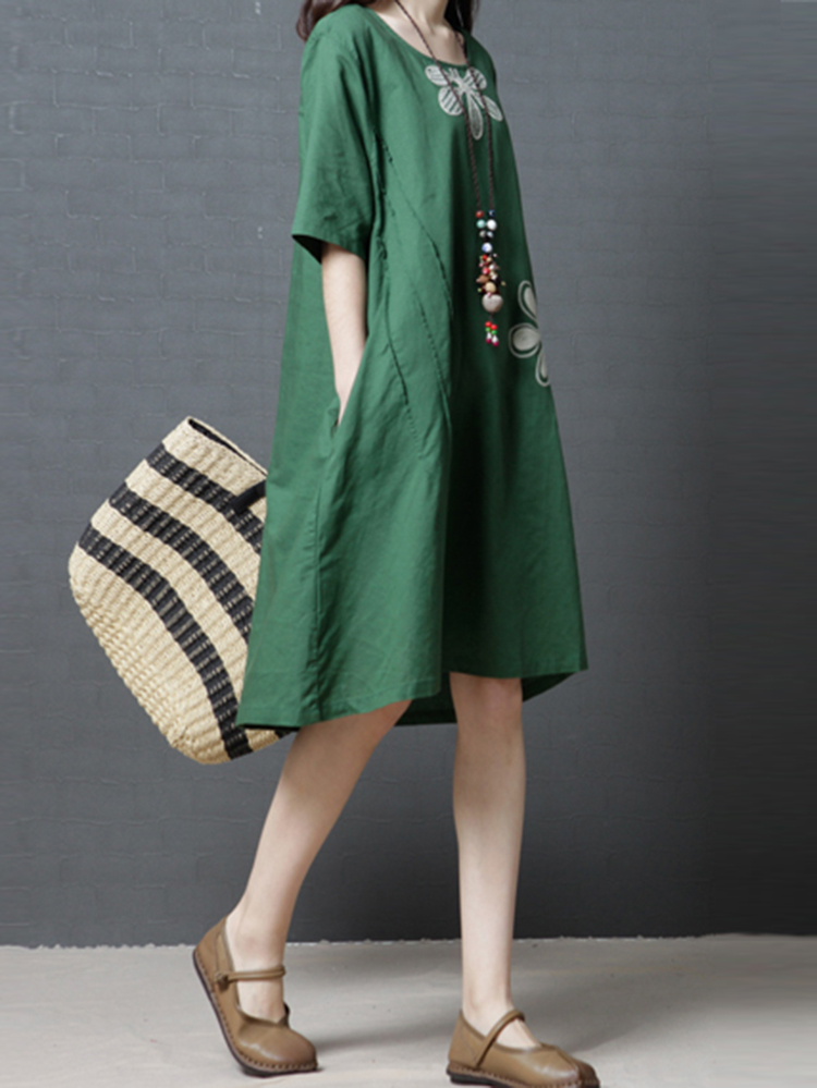 Women-Casual-O-neck-Short-Sleeves-Cotton-Dress-1294804