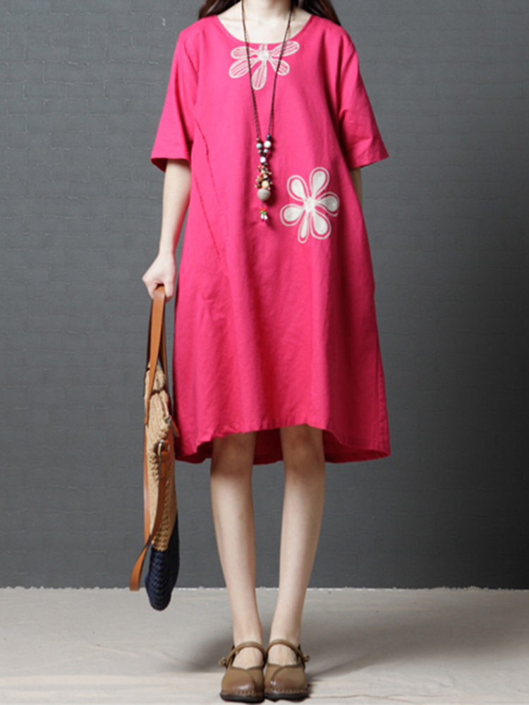 Women-Casual-O-neck-Short-Sleeves-Cotton-Dress-1294804