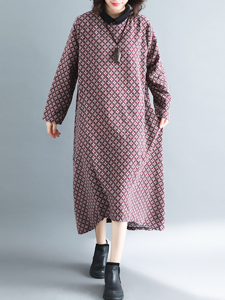 Women-Vintage-Printed-Flat-Collar-Long-Sleeve-Loose-Hem-Dress-1344615