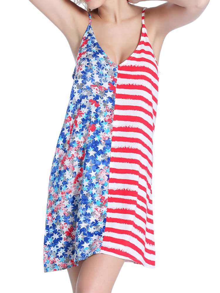 SWIMMART-Women-Loose-Double-V-Star-Printed-Stripe-Backless-Beach-Dress-Cover-Up-1173589