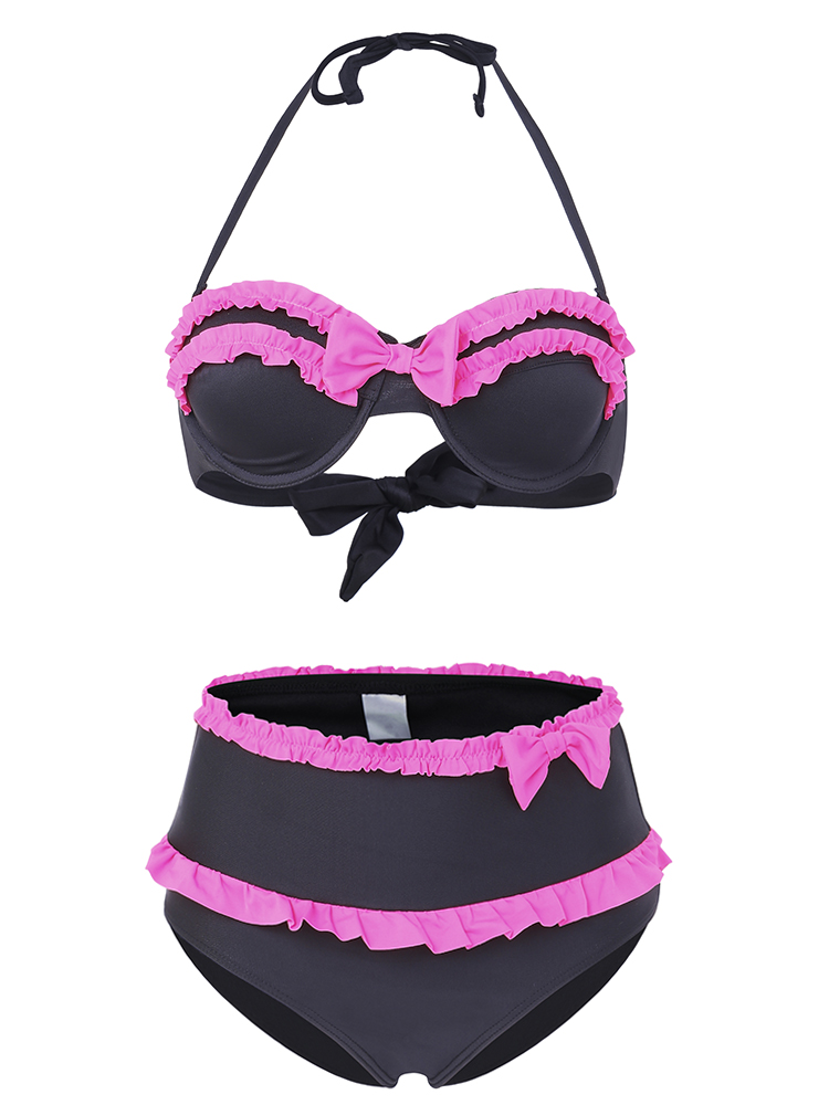 Black-High-Waist-Swimwear-Neon-Rose-Ruffles-and-Bows-Bikini-Set-925251