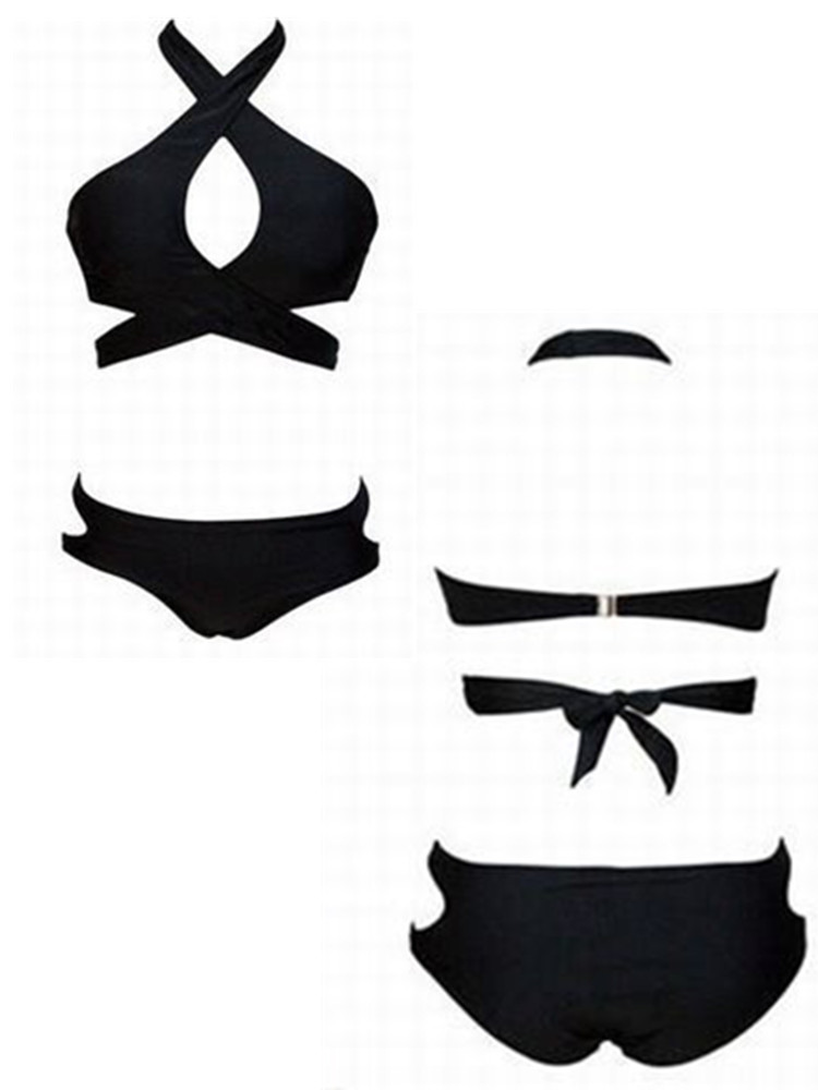 Women-Black-High-V-Neck-Bandage-Cross-Hollow-Out-Low-Waist-Bikini-Beachwear-1038200