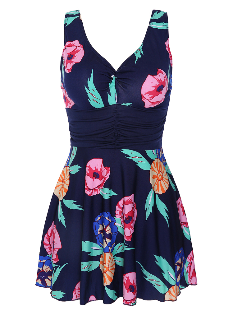 Women-V-Neck-Sleeveless-Floral-Blooming-Pattern-Backless-Ruffle-Breathable-Swimdress-1161502