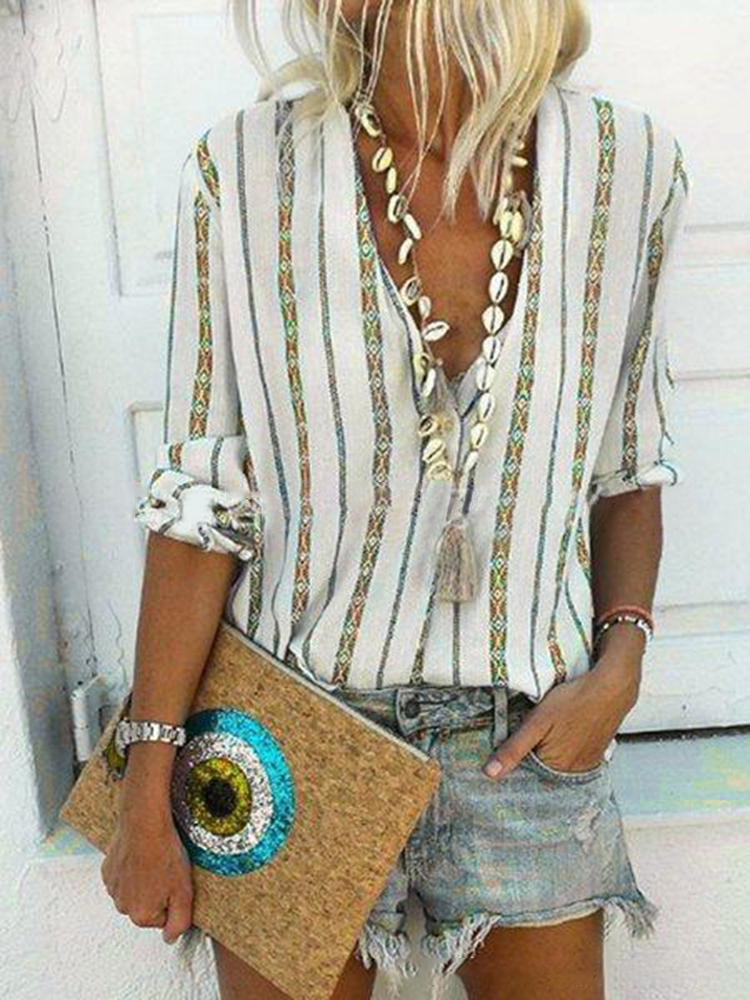 Bohemian-Stripe-V-ringa-laringngaumlrmad-dam-Casual-Blouse-1456088