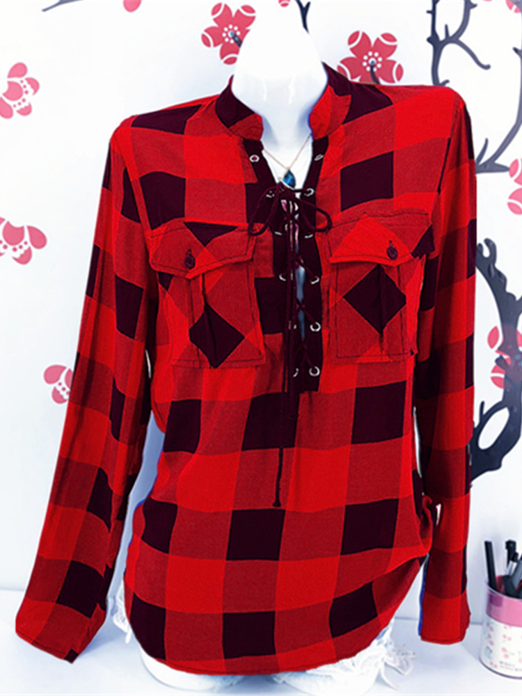 Casual-Long-Sleeve-Lace-Up-Bandage-Autumn-Plaid-Blouse-1352475