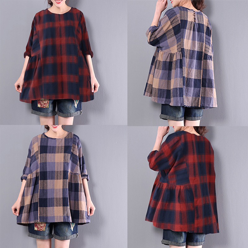 Casual-Loose-Plaid-Long-Sleeve-Women-Pleated-Blouse-1252320