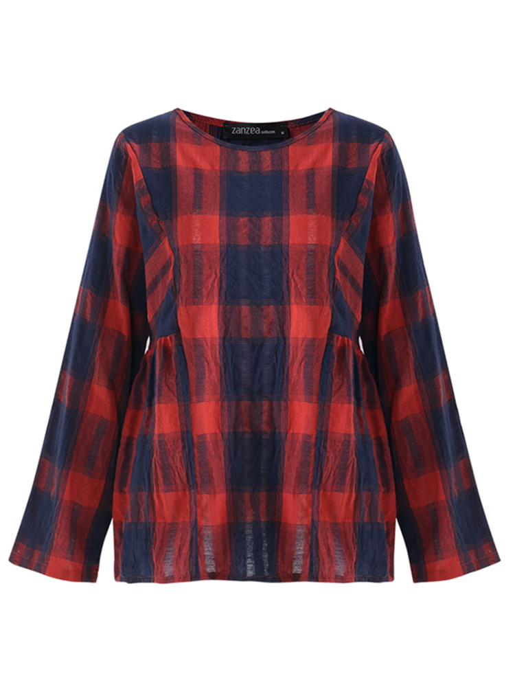 Casual-Loose-Plaid-Long-Sleeve-Women-Pleated-Blouse-1252320