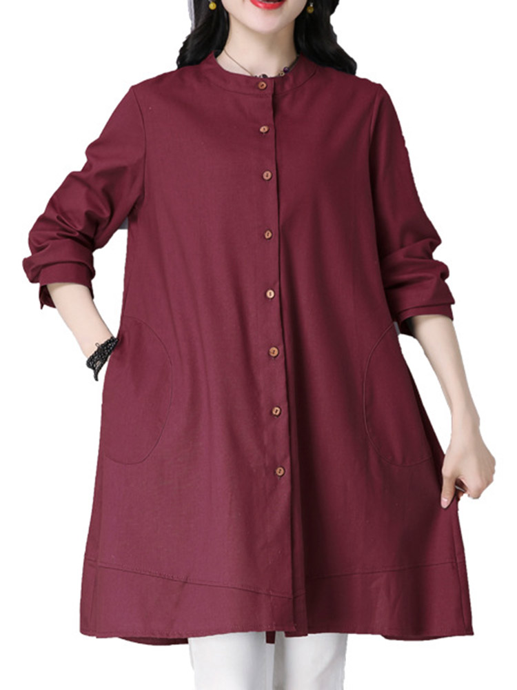 Casual-Women-Buttons-Linen-Cotton-Solid-Color-Blouse-1342767