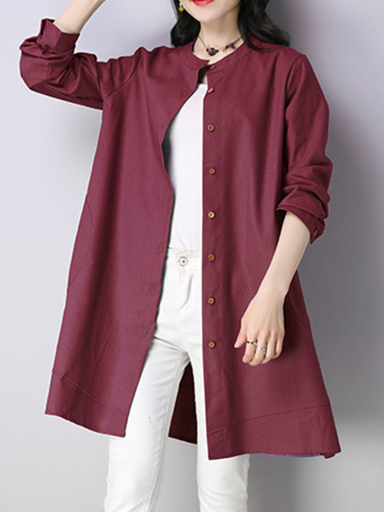 Casual-Women-Buttons-Linen-Cotton-Solid-Color-Blouse-1342767