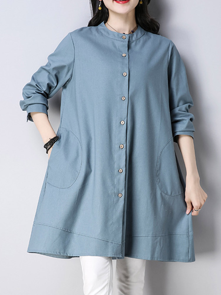 Casual-Women-Buttons-Linen-Cotton-Solid-Color-Blouse-1342767