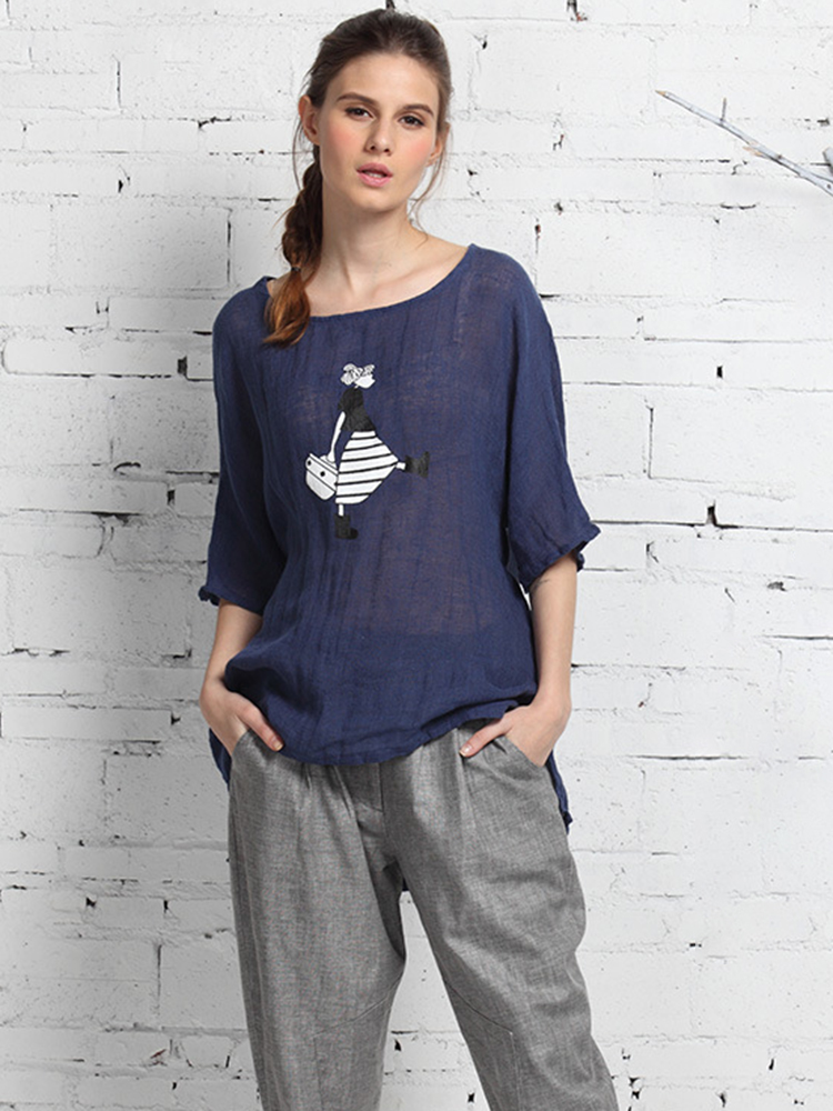 Casual-Women-Cartoon-Print-O-neck-Half-Sleeve-Blouse-1323448