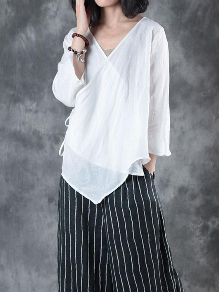 Casual-Women-Cotton-Loose--V-Neck-Cross-Frenulum-Irregular-Hem-Long-Sleeve-Blouse-1371110