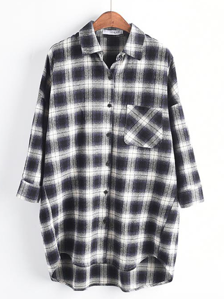 Casual-Women-Cotton-Plaid-Irregular-Hem-Long-Sleeve-Button-Blouse-with-Pockets-1358073