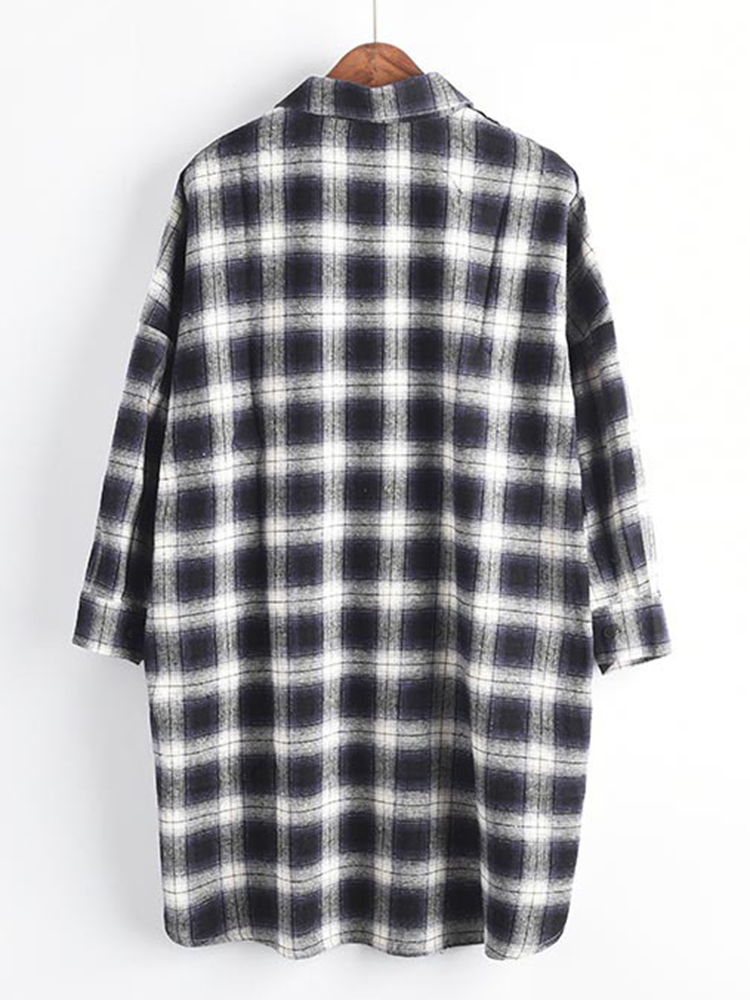 Casual-Women-Cotton-Plaid-Irregular-Hem-Long-Sleeve-Button-Blouse-with-Pockets-1358073