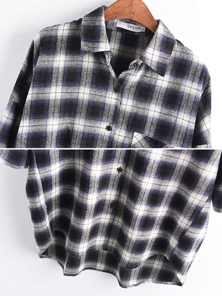 Casual-Women-Cotton-Plaid-Irregular-Hem-Long-Sleeve-Button-Blouse-with-Pockets-1358073