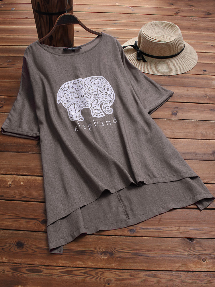 Casual-Women-Elephant-Latter-Print-Irregular-Short-Sleeve-Blouse-1321689