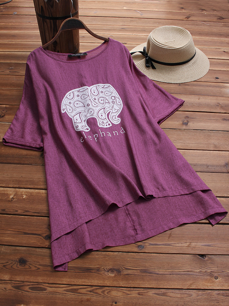 Casual-Women-Elephant-Latter-Print-Irregular-Short-Sleeve-Blouse-1321689