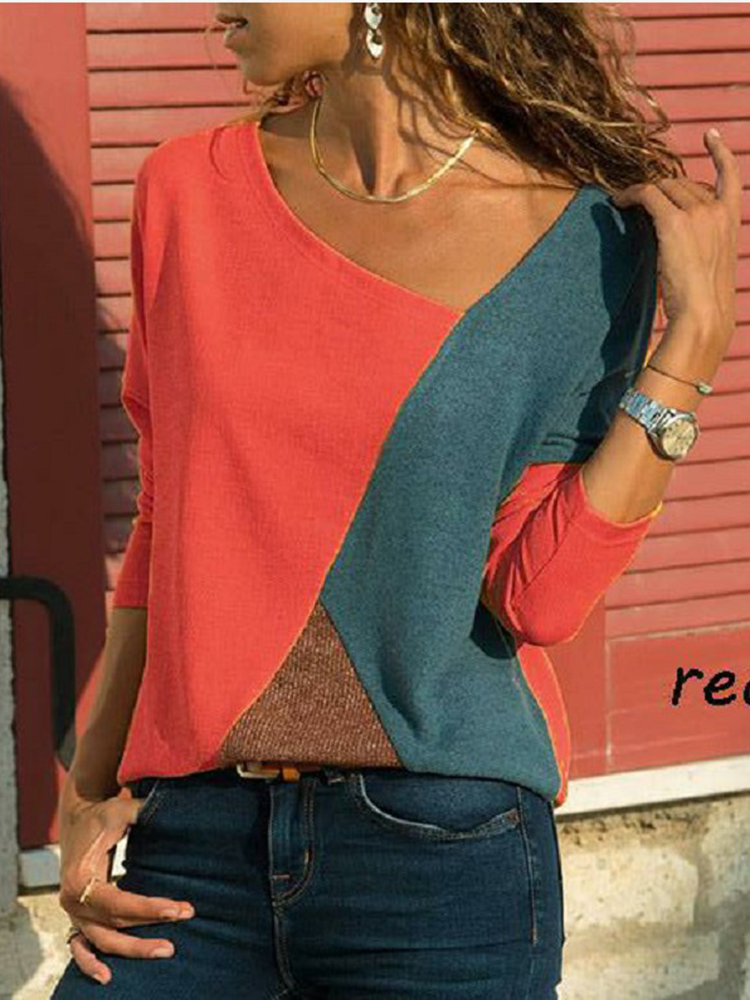 S-5XL-Casual-Women-Color-Patchwork-Asymmetrical-Collar-Long-Sleeve-Blouse-1384630