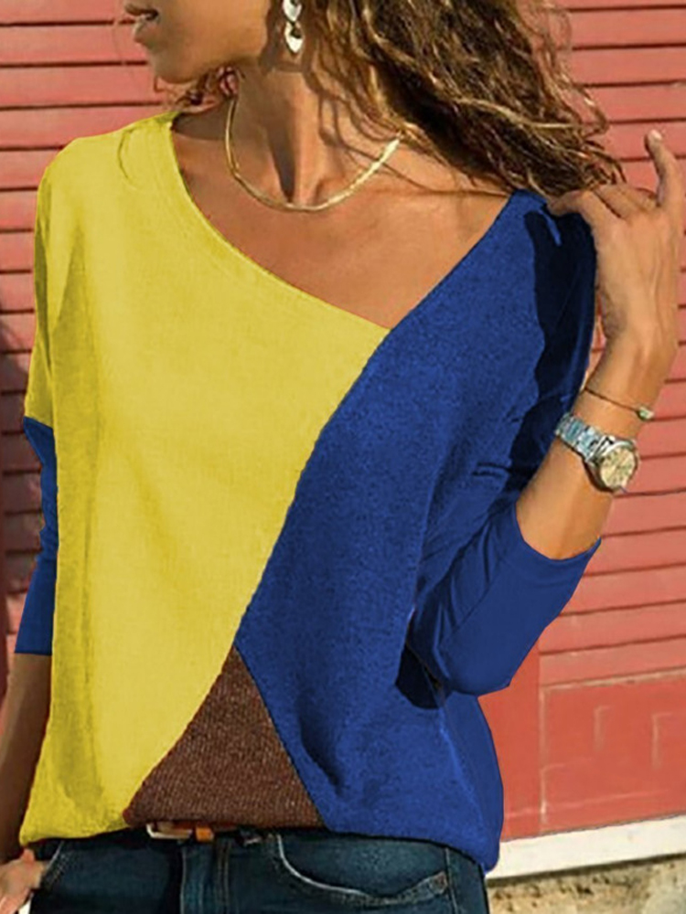 S-5XL-Casual-Women-Color-Patchwork-Asymmetrical-Collar-Long-Sleeve-Blouse-1384630
