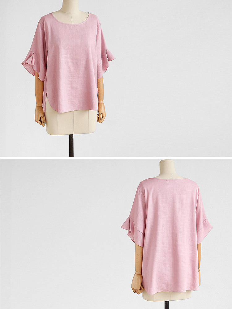 Solid-Color-Flare-Sleeve--O-Neck-High-Low-Loose-Blouse-1336215