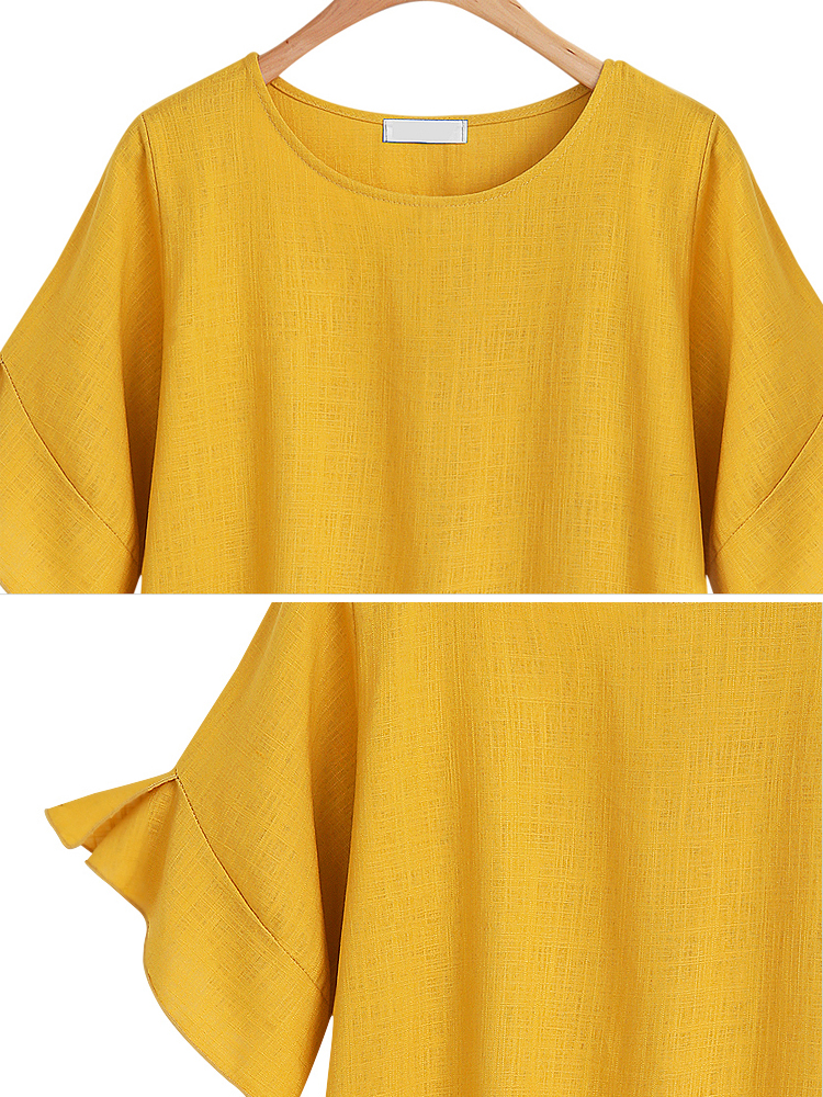 Solid-Color-Flare-Sleeve--O-Neck-High-Low-Loose-Blouse-1336215