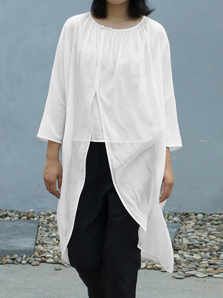 Women-Asymmetric-Hem-High-Split-Long-Sleeves-Blouse-Shirt-1407630