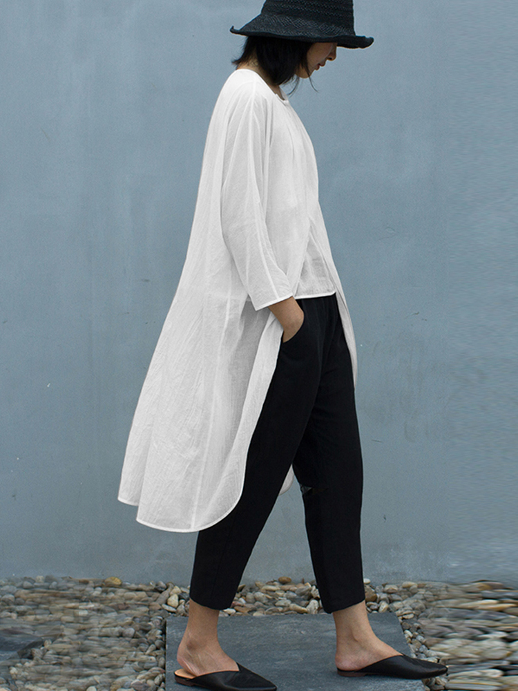 Women-Asymmetric-Hem-High-Split-Long-Sleeves-Blouse-Shirt-1407630