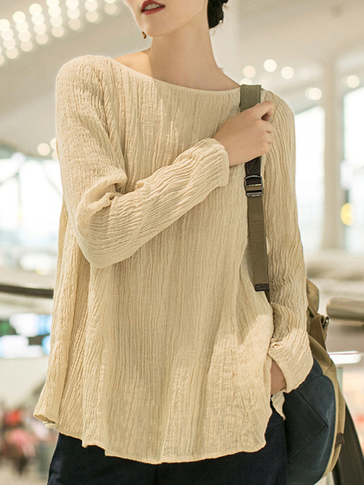Women-Casual-Crew-Neck-Long-Sleeve-Solid-Blouse-1384200