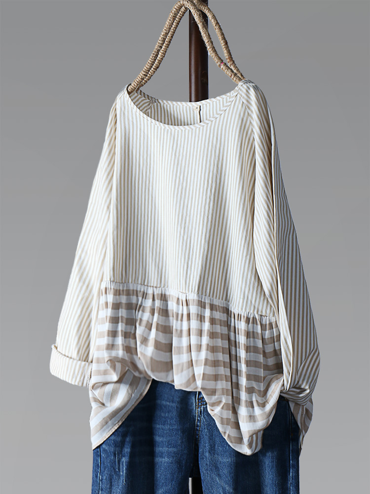 Women-Casual-Striped-Patchwork-Crew-Neck-Long-Sleeve-Blouse-1434950