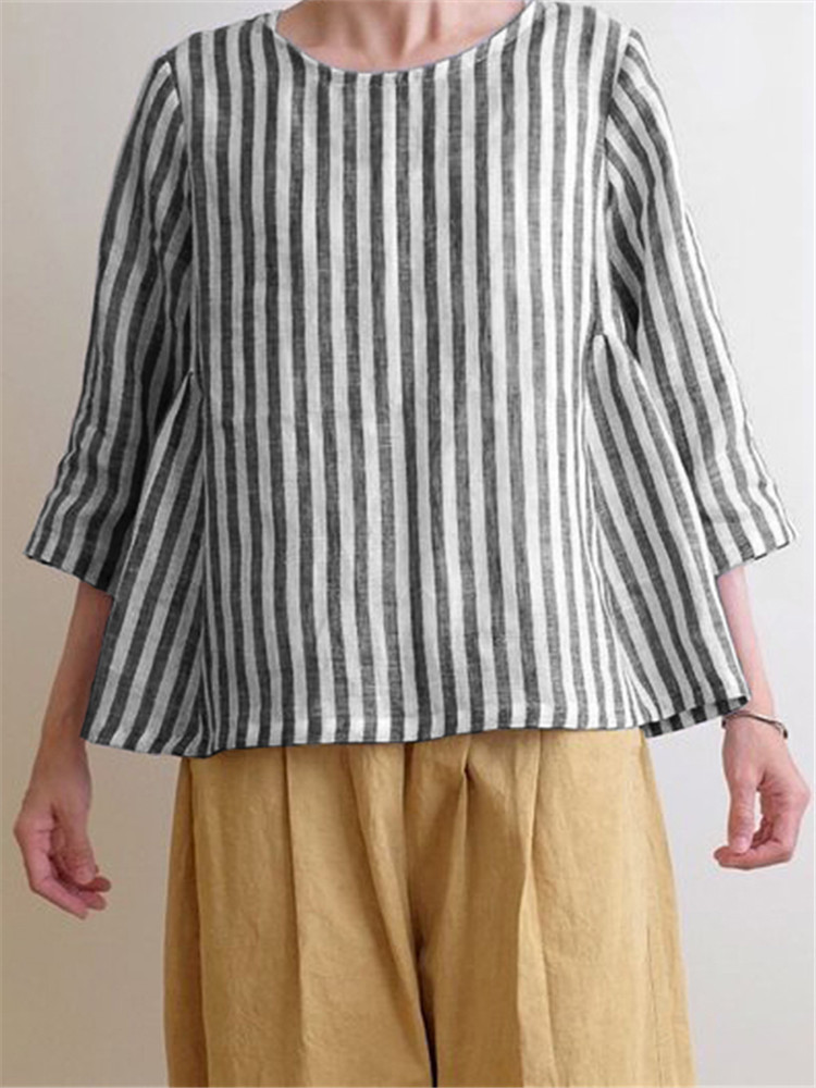 Women-Crew-Neck-34-Sleeve-Casual-Cotton-Striped-Blouse-1421070