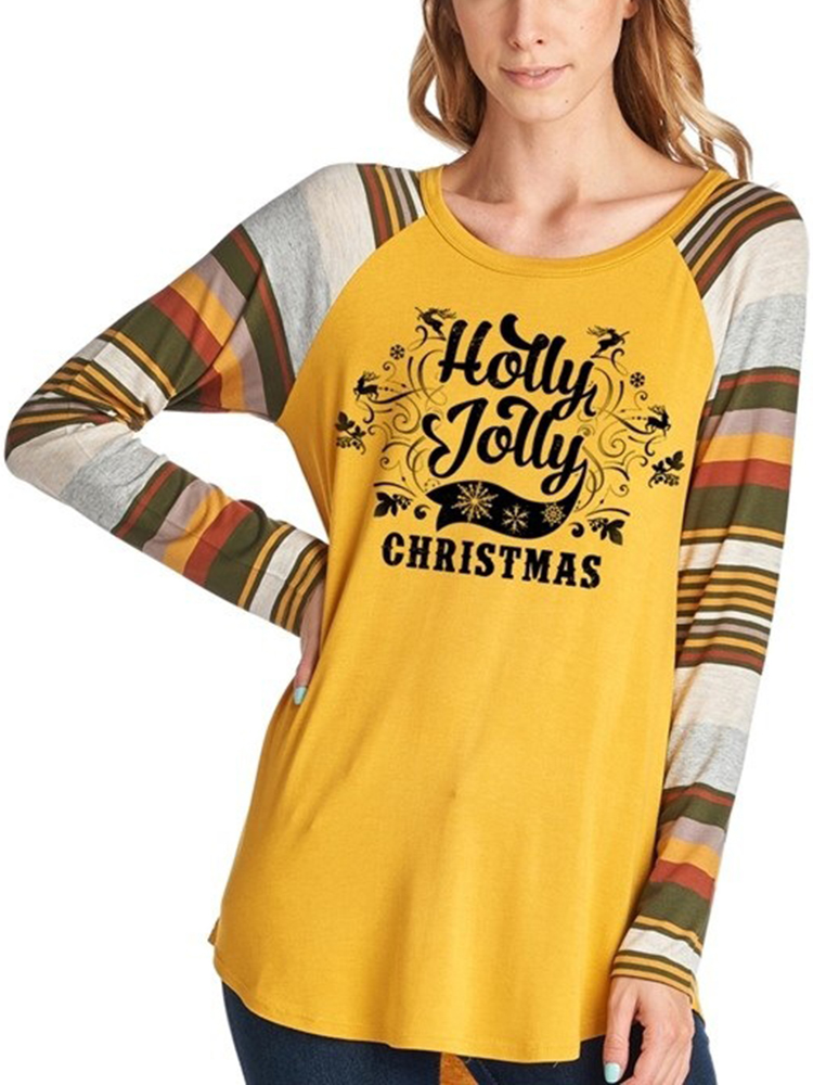 Casual-Women-Christmas-Letter-Print-Striped-Patchwork-T-Shirts-1381314