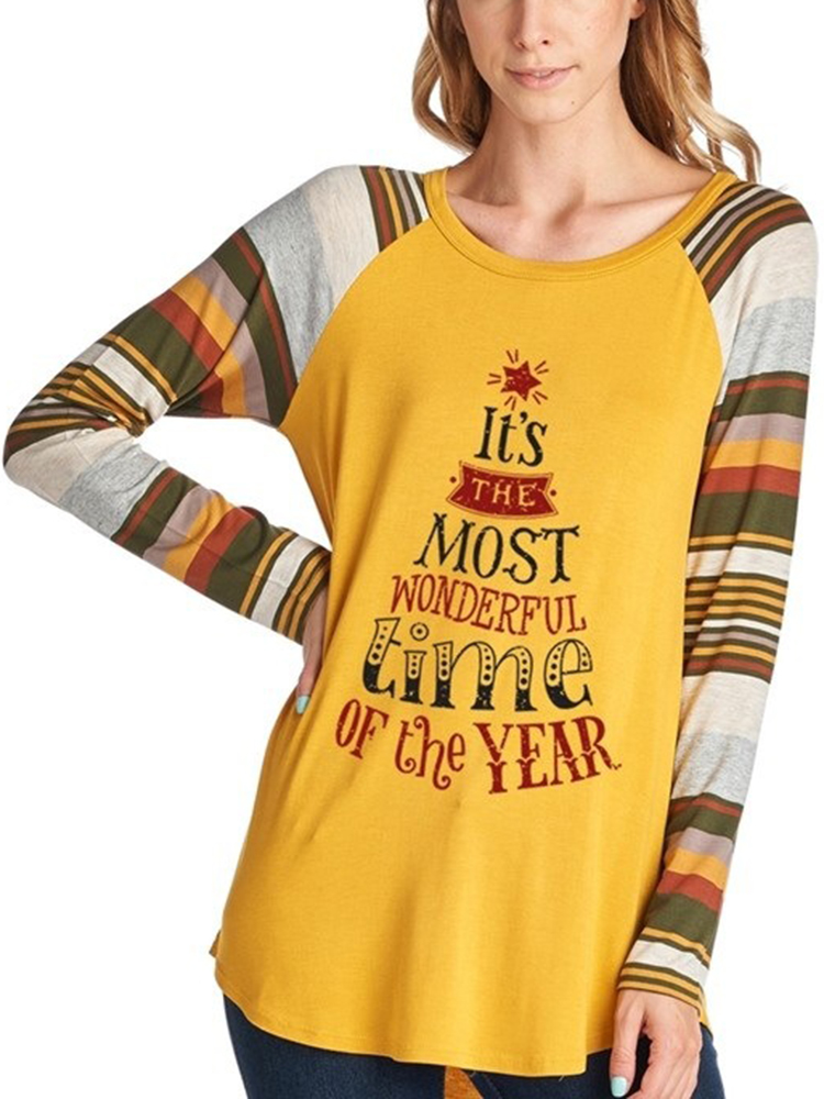 Casual-Women-Christmas-Letter-Print-Striped-Patchwork-T-Shirts-1381314