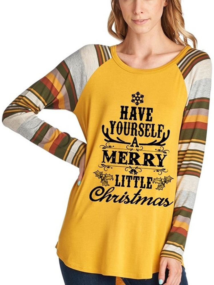Casual-Women-Christmas-Letter-Print-Striped-Patchwork-T-Shirts-1381314